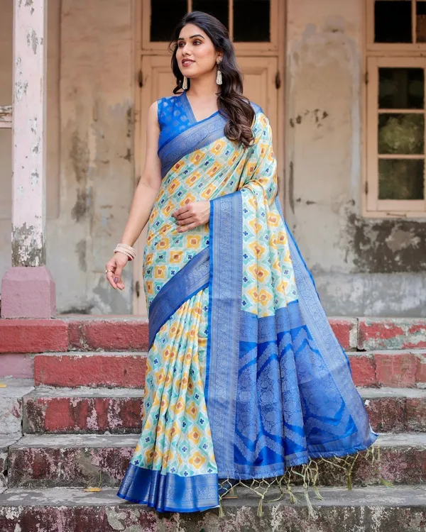 Yellow_and_Blue_Ikat_Digital_Print_Banarasi_Silk_Saree_with_Zari_Weave_and_Tassel-Embellished_Pallu