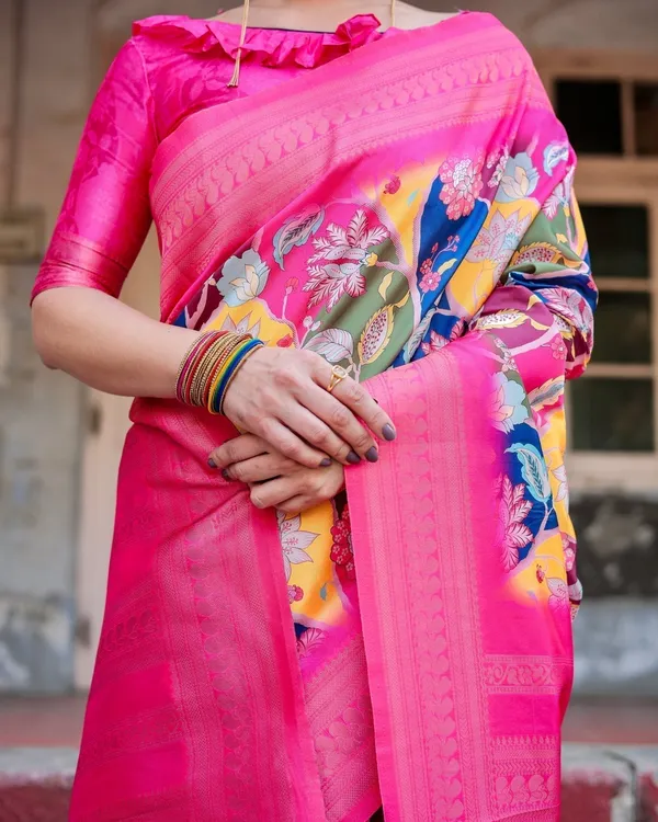 Hot_Pink_Multicolor_Floral_Digital_Printed_Banarasi_Silk_Saree_with_Zari_Woven_Border_and_Solid_Pink_Pallu_-_Includes_Tassels