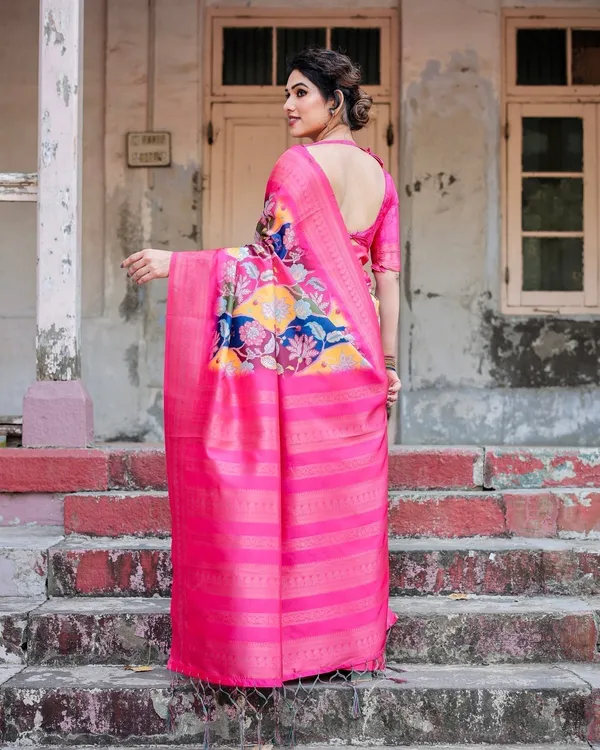 Hot_Pink_Multicolor_Floral_Digital_Printed_Banarasi_Silk_Saree_with_Zari_Woven_Border_and_Solid_Pink_Pallu_-_Includes_Tassels