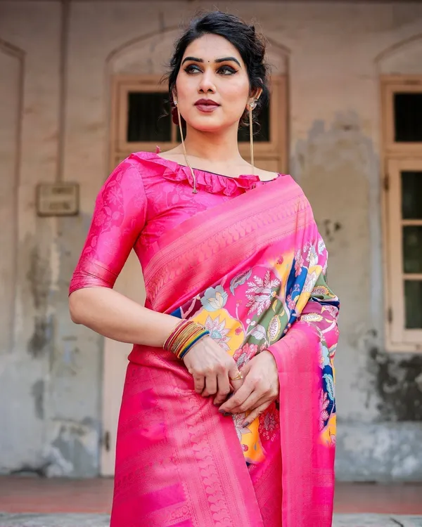 Hot_Pink_Multicolor_Floral_Digital_Printed_Banarasi_Silk_Saree_with_Zari_Woven_Border_and_Solid_Pink_Pallu_-_Includes_Tassels
