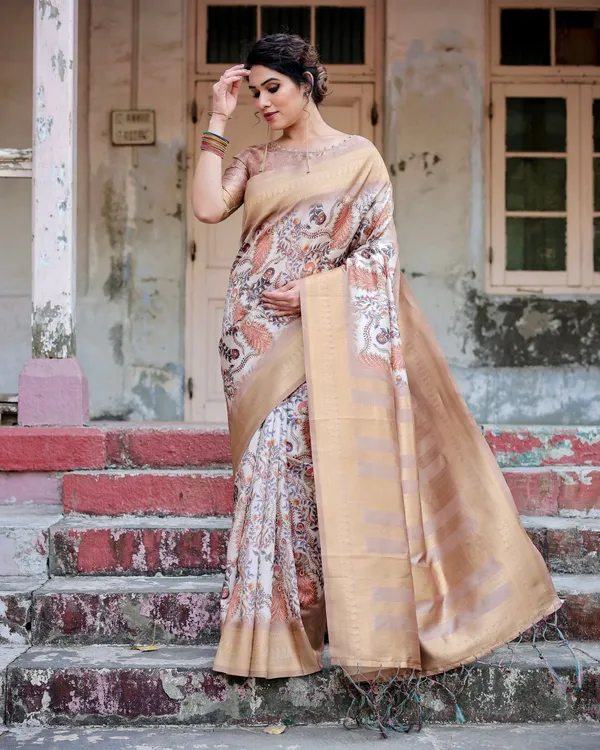 Elegant_Beige_Floral_Banarasi_Silk_Saree_with_Zari_Weave_and_Tassels