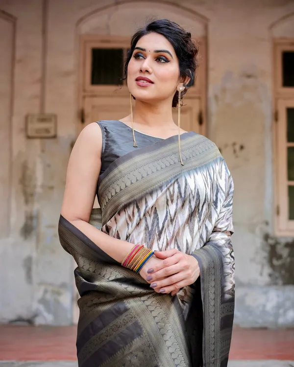 Grey_&_Black_Elegant_Banarasi_Silk_Saree_with_Zari_Weaving_and_Tassels_in_Shades