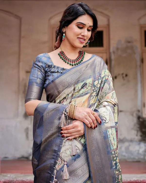 Banarasi_Silk_Saree_in_Beige_with_Multicolor_Paisley_and_Floral_Design