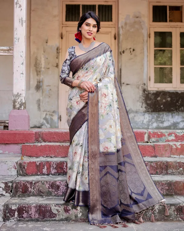 Elegant_Gray_Banarasi_Silk_Saree_with_Navy_Blue_Zari_Weave,_Floral_Design,_and_Tassels