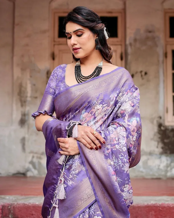 Elegant_Purple_Banarasi_Silk_Saree_with_Floral_Weave,_Zari_Border,_and_Tassels