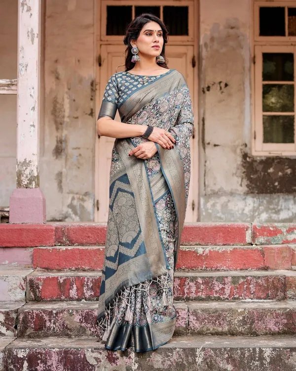 Elegant_Blue_and_Grey_Banarasi_Silk_Saree_with_Intricate_Floral_Patterns,_Zari_Woven_Borders,_and_Tassel_Accents