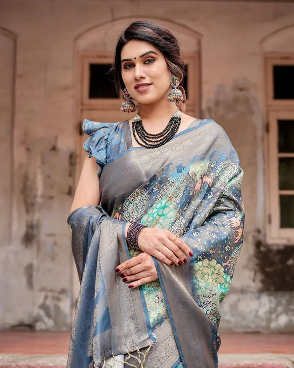 Graceful_Navy_Blue_Banarasi_Silk_Saree_with_Nature-Inspired_Digital_Prints_and_Elegant_Zari_Woven_Border