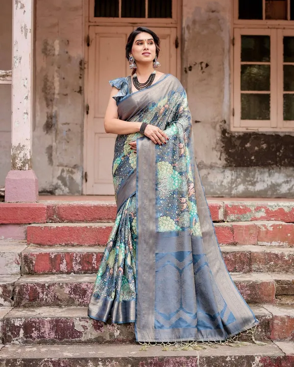 Graceful_Navy_Blue_Banarasi_Silk_Saree_with_Nature-Inspired_Digital_Prints_and_Elegant_Zari_Woven_Border