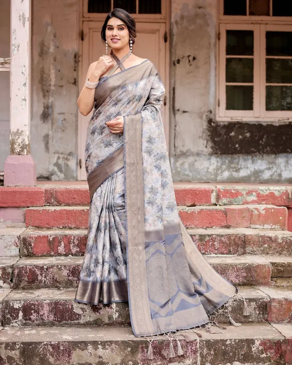 Grey_Banarasi_Silk_Saree_with_Abstract_Floral_Print,_Zari_Border_&_Tassel_Detailing