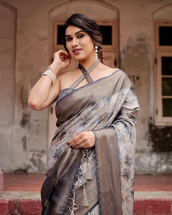 Grey_Banarasi_Silk_Saree_with_Abstract_Floral_Print,_Zari_Border_&_Tassel_Detailing