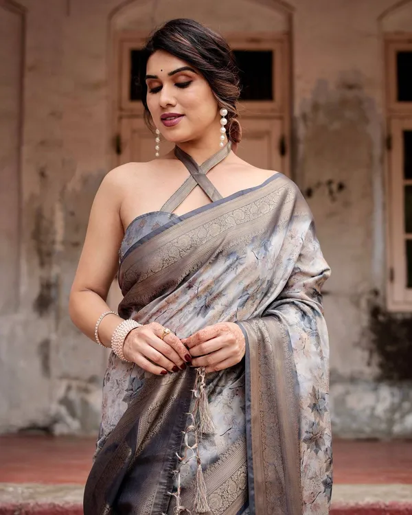 Grey_Banarasi_Silk_Saree_with_Abstract_Floral_Print,_Zari_Border_&_Tassel_Detailing