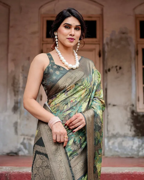 Green_Banarasi_Silk_Saree_with_Lush_Botanical_Digital_Print_&_Intricate_Zari_Border