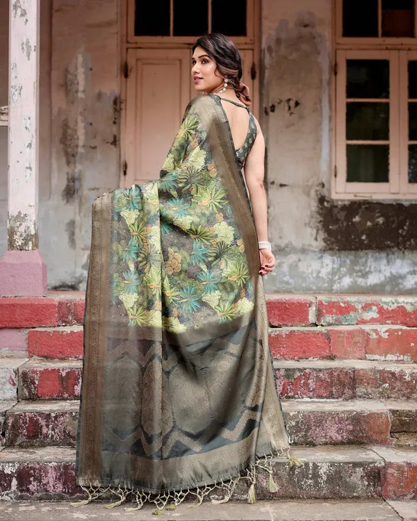 Green_Banarasi_Silk_Saree_with_Lush_Botanical_Digital_Print_&_Intricate_Zari_Border