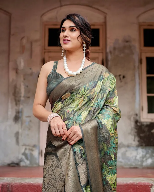 Green_Banarasi_Silk_Saree_with_Lush_Botanical_Digital_Print_&_Intricate_Zari_Border