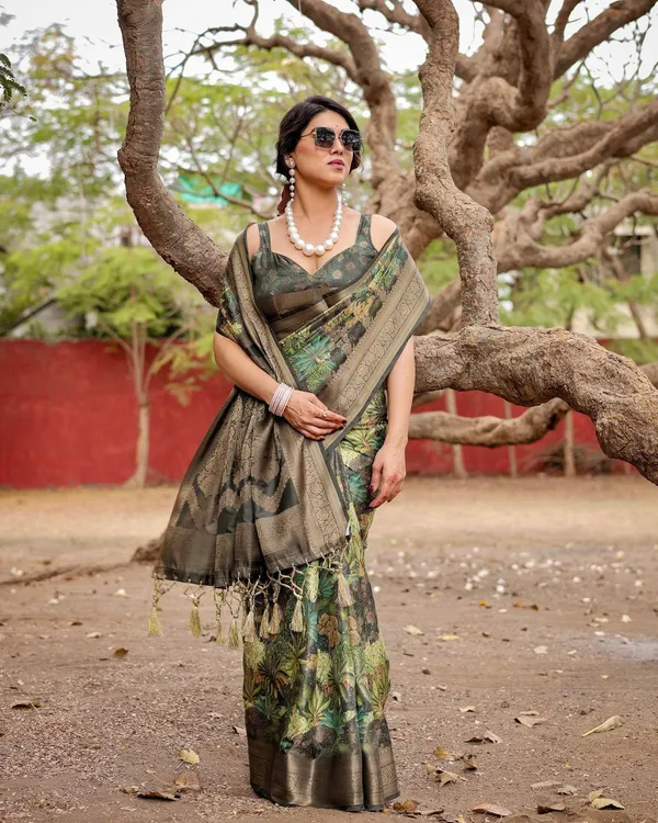Green_Banarasi_Silk_Saree_with_Lush_Botanical_Digital_Print_&_Intricate_Zari_Border
