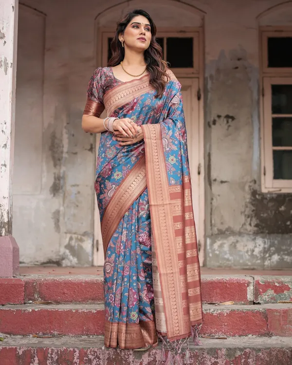 Teal_Banarasi_Silk_Saree_with_Rust_Zari_Border_and_Floral_Motifs