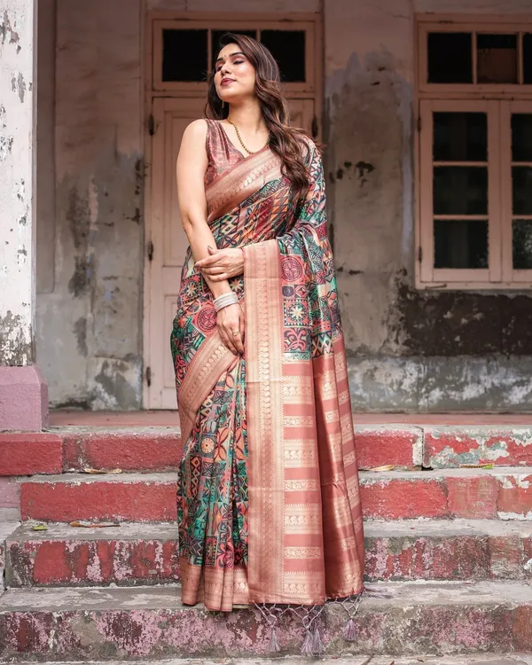 Multicolor_Geometric_Print_Banarasi_Silk_Saree_with_Copper_Zari_Border