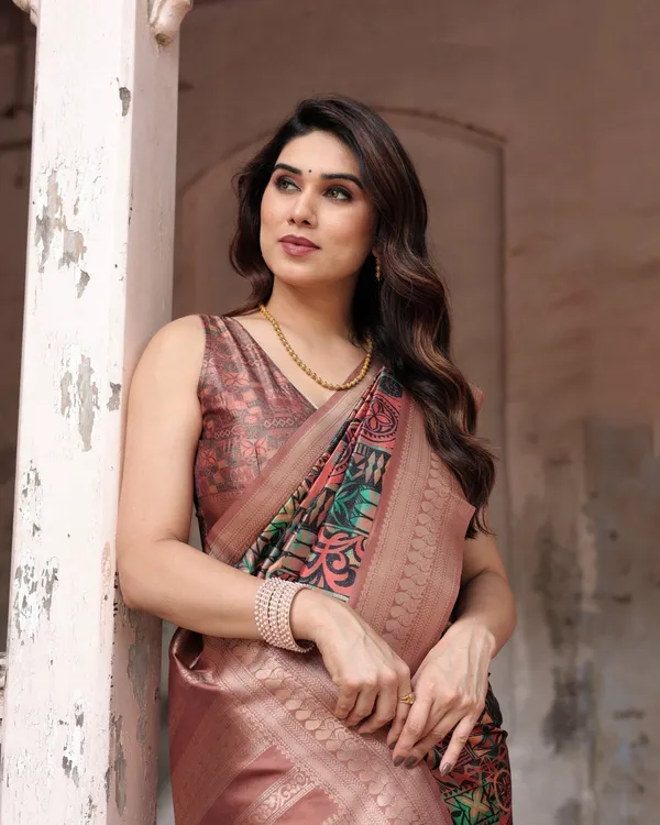 Multicolor_Geometric_Print_Banarasi_Silk_Saree_with_Copper_Zari_Border