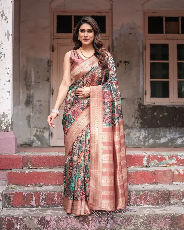 Multicolor_Geometric_Print_Banarasi_Silk_Saree_with_Copper_Zari_Border