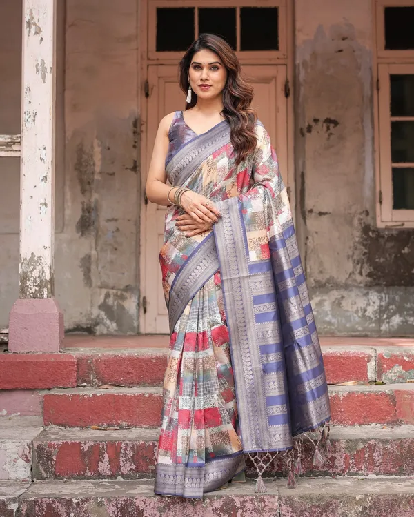 Multicolor_Banarasi_Silk_Saree_with_Abstract_Checkered_Print_&_Lavender_Zari_Border