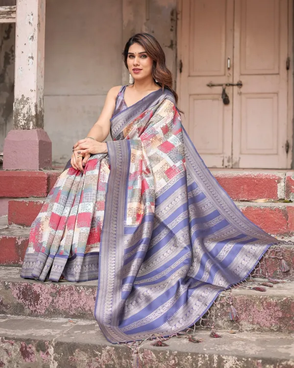 Multicolor_Banarasi_Silk_Saree_with_Abstract_Checkered_Print_&_Lavender_Zari_Border