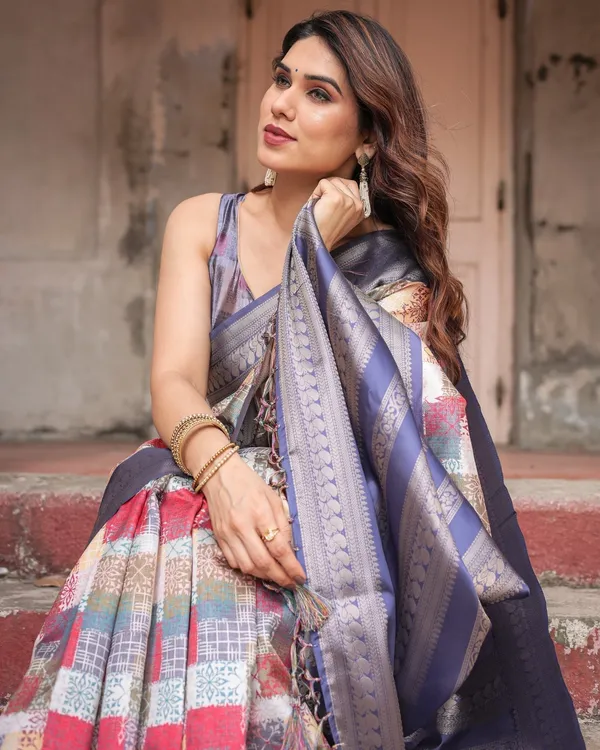 Multicolor_Banarasi_Silk_Saree_with_Abstract_Checkered_Print_&_Lavender_Zari_Border