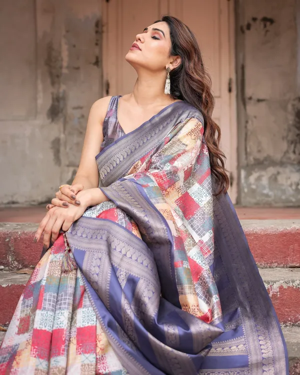 Multicolor_Banarasi_Silk_Saree_with_Abstract_Checkered_Print_&_Lavender_Zari_Border