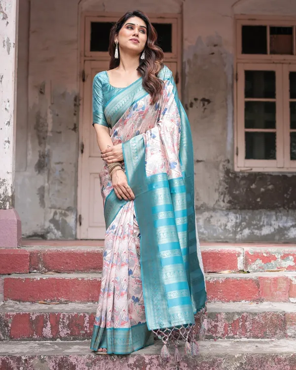 Mesmerizing_Aqua_Banarasi_Silk_Saree_with_Digital_Print_and_Tassels