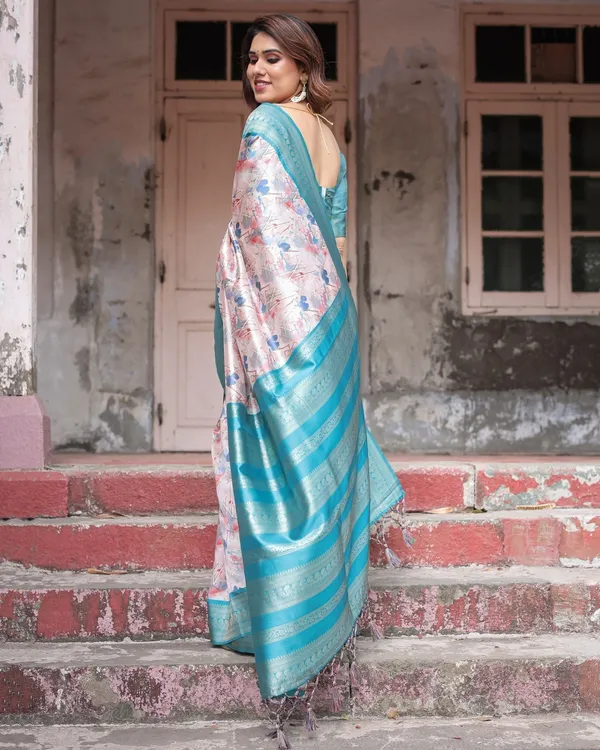 Mesmerizing_Aqua_Banarasi_Silk_Saree_with_Digital_Print_and_Tassels