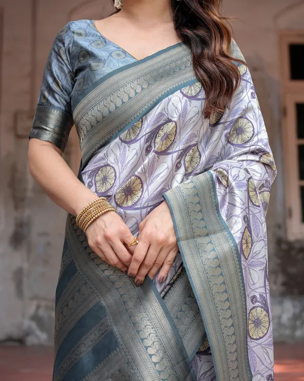 Sophisticated_Lilac_Banarasi_Silk_Saree_with_Floral_Prints_and_Zari_Tassel_Border