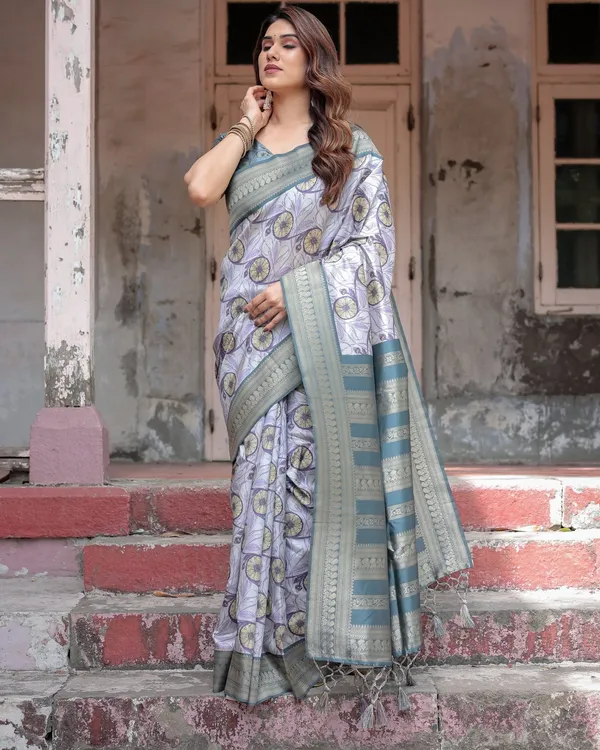 Sophisticated_Lilac_Banarasi_Silk_Saree_with_Floral_Prints_and_Zari_Tassel_Border