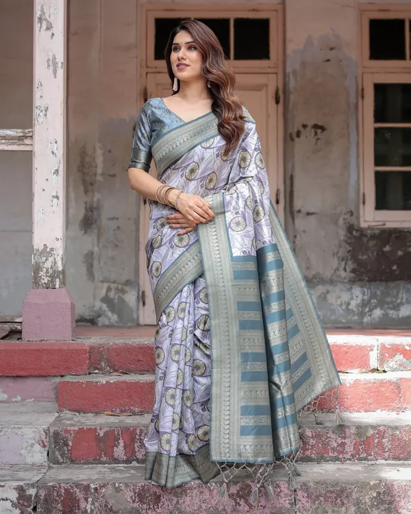 Sophisticated_Lilac_Banarasi_Silk_Saree_with_Floral_Prints_and_Zari_Tassel_Border