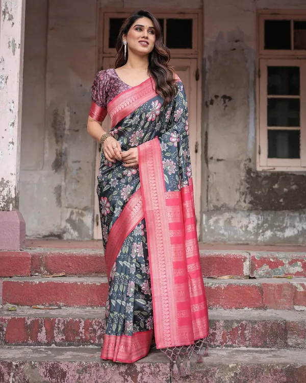 Floral_Navy_Banarasi_Silk_Saree_with_Bright_Pink_Zari_Border_and_Tassels