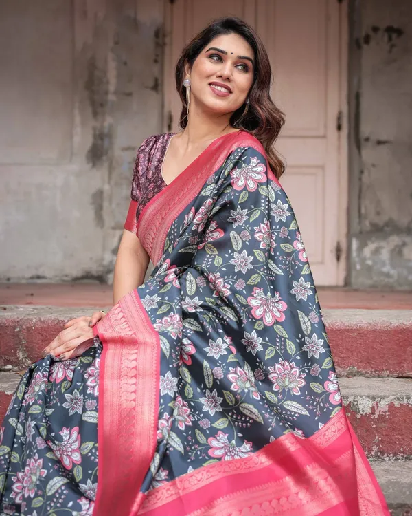 Floral_Navy_Banarasi_Silk_Saree_with_Bright_Pink_Zari_Border_and_Tassels