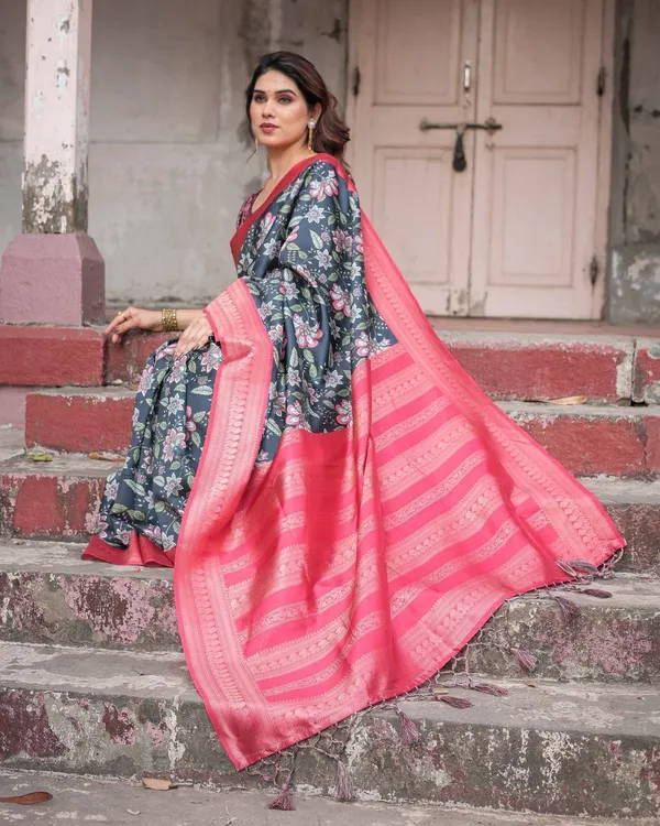 Floral_Navy_Banarasi_Silk_Saree_with_Bright_Pink_Zari_Border_and_Tassels