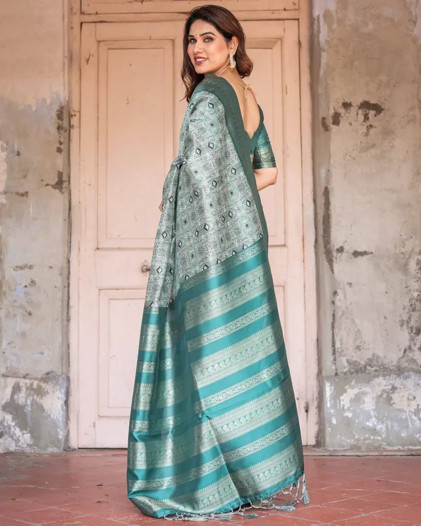 Teal_Green_Banarasi_Silk_Saree_with_Geometric_Digital_Print_&_Intricate_Zari_Border