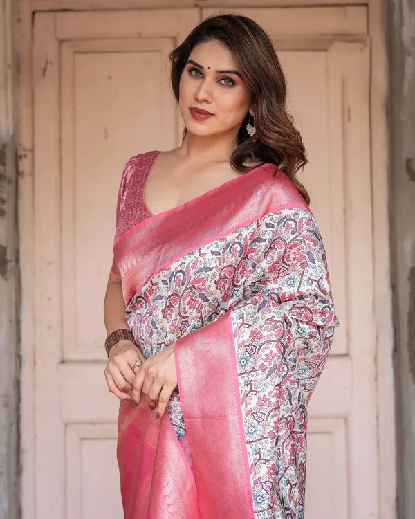 Pink_Banarasi_Silk_Saree_with_Vibrant_Floral_Digital_Print_&_Elegant_Zari_Border