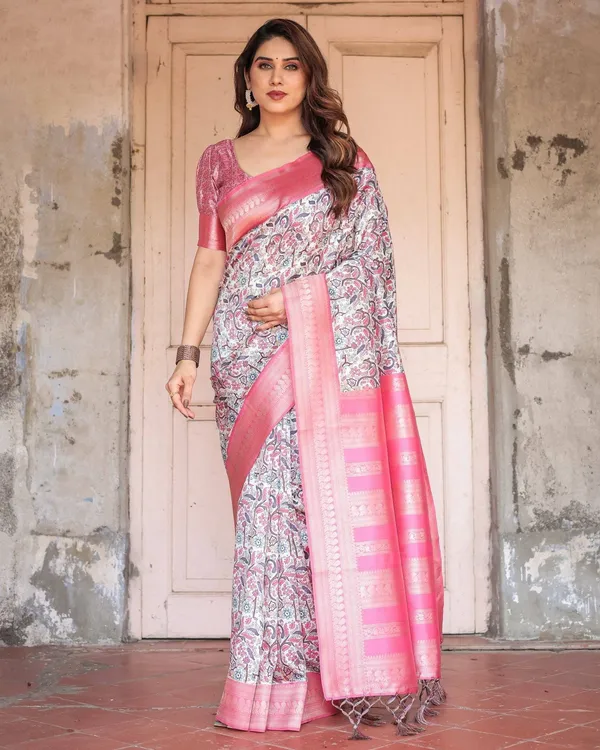 Pink_Banarasi_Silk_Saree_with_Vibrant_Floral_Digital_Print_&_Elegant_Zari_Border