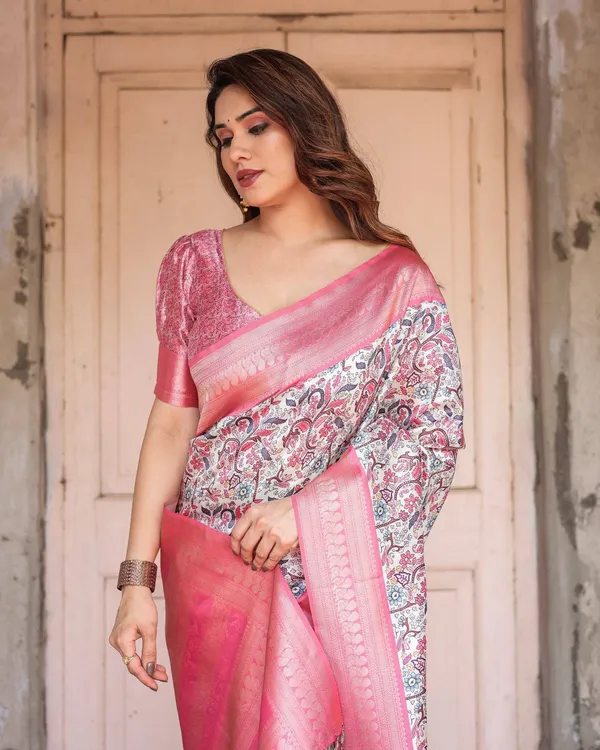 Pink_Banarasi_Silk_Saree_with_Vibrant_Floral_Digital_Print_&_Elegant_Zari_Border