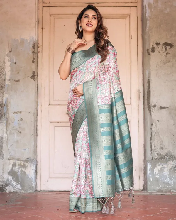 White_Banarasi_Silk_Saree_with_Pastel_Multicolor_Prints_and_Green_Zari_Border
