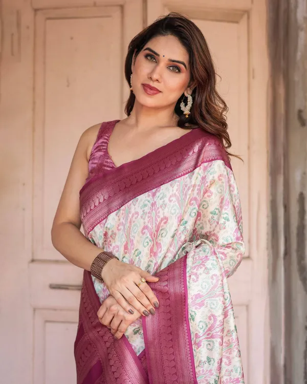 Off-White_Banarasi_Silk_Saree_with_Pink_Ikat_Design_and_Zari_Border