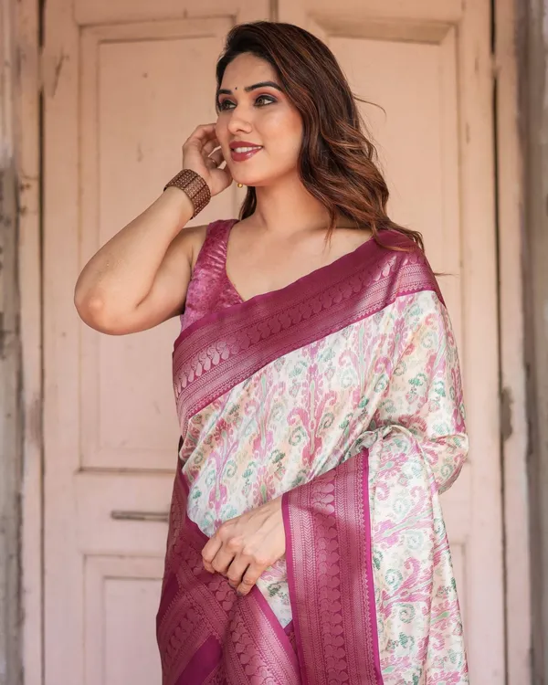 Off-White_Banarasi_Silk_Saree_with_Pink_Ikat_Design_and_Zari_Border