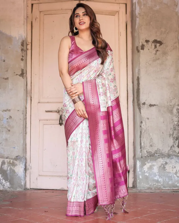 Off-White_Banarasi_Silk_Saree_with_Pink_Ikat_Design_and_Zari_Border