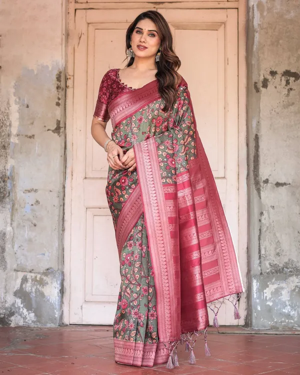 Luxurious_Green_Banarasi_Silk_Saree_with_Zari_Border_and_Tassels