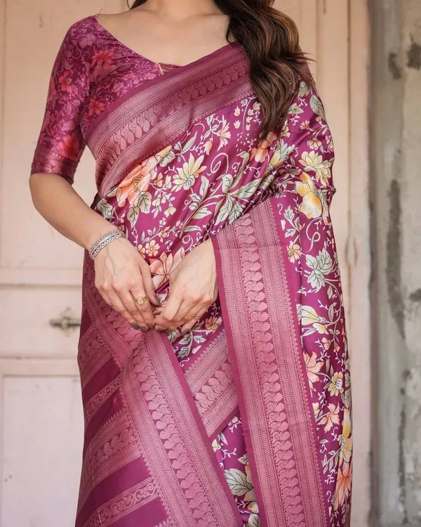 Wine_and_Rose_Gold_Floral_Banarasi_Silk_Saree_with_Zari_and_Tassels