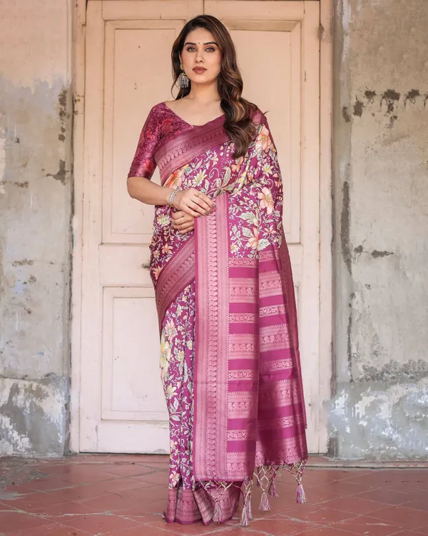 Wine_and_Rose_Gold_Floral_Banarasi_Silk_Saree_with_Zari_and_Tassels