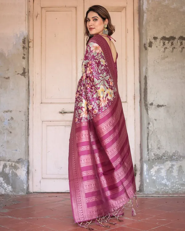 Wine_and_Rose_Gold_Floral_Banarasi_Silk_Saree_with_Zari_and_Tassels
