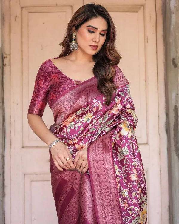 Wine_and_Rose_Gold_Floral_Banarasi_Silk_Saree_with_Zari_and_Tassels
