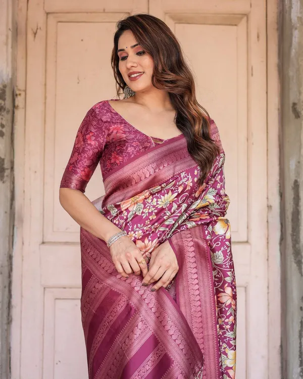 Wine_and_Rose_Gold_Floral_Banarasi_Silk_Saree_with_Zari_and_Tassels