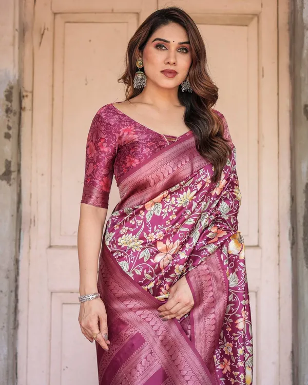 Wine_and_Rose_Gold_Floral_Banarasi_Silk_Saree_with_Zari_and_Tassels